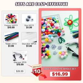 YHMQDU 350 PCS Pom Poms 3 Sizes Assorted Multi Color Fuzzy Pompoms with 90 Wiggle Eyes Glue Gun and 20 Pieces Pipe Cleaners for DIY Crafts Decorations