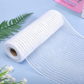 XNHIU White Poly Mesh Ribbon 10 Inches x 10 Yards Metallic Foil Rolls for Wreaths DIY Crafts Wrapping Swags Home Decoration (White)