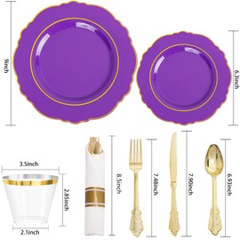 Liacere 350PCS Purple Plastic Plates-Disposable Purple and Gold Plates 50 guest Baroque Plastic Dinnerware include 100Plates,50Pack Pre Rolled Napkins with Silverware 50Cups for Wedding＆Christmas