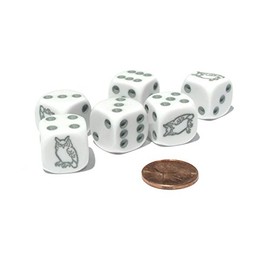 Set of 6 Owl 16mm D6 Round Edged Koplow Animal Dice - White with Gray Pips