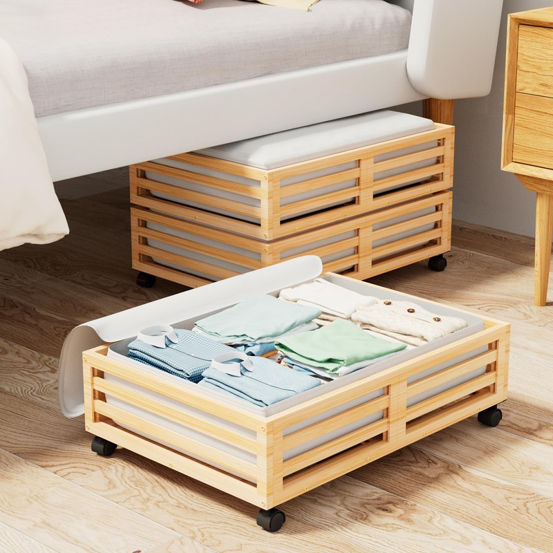 Wisuce Bamboo Under Bed Storage Containers- Underbed Organizer with Wheels