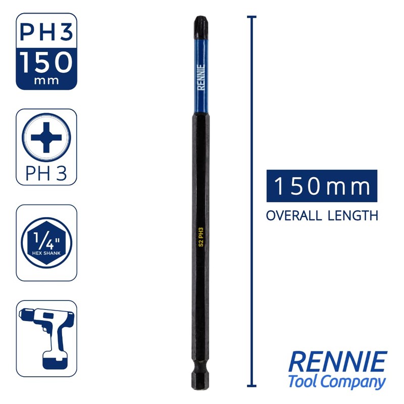 10 x Rennie Tools 150mm Long PH3 Impact Screwdriver Driver