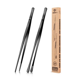 2 Pcs 10-Inch Kitchen Tweezers Fine Tweezer Tongs, Stainless Steel Professional Long Cooking Tweezers for BBQ, Sea Food, Repairing and Serving (BLACK)