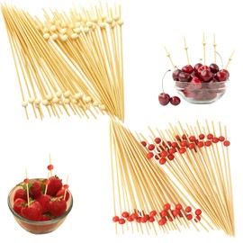 200 Cocktail Sticks and Skewers, Wooden Toothpicks for Party Platters,Natural Cocktail Accessories,Cocktail Drinks, Fruit Appetizers, and BBQ Kebabs, 12cm with Wooden Beads