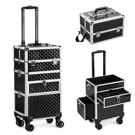 DESIGNSCAPE3D 2-in-1 Professional Makeup Train Case on Wheels – Aluminum Cosmetic Storage with Slide-Out Drawers, Detachable Wheels, Black Diamond Pattern – 13.4" x 9.4" x 28.5"