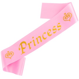 Exacoo Princess Satin Sash for Women Girls Pink with Gold Glitter Letters with Pearl Brooch Pin Party Accessory Birthday Gift Prom Photo Props Decorations Beauty Pageant Sashes