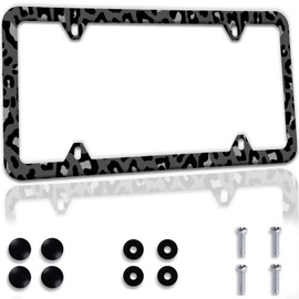 Black Grey Leopard Print License Plate Frames 4 Holes Cute Fashion Stainless Steel License Plate Cover Holder Car Accessories Decor with Screw Caps for Women Men, 12.3" x 6.3"