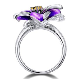 Uloveido Elegant Purple Flower Statement Rings White Gold Plated Cubic Zirconia Rings for Women Engagement Evening Anniversary Violet Flower Jewelry Rings for Girls Size L RA601