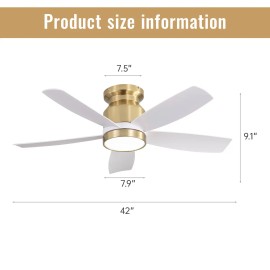 42-Inch Flush Mount Indoor Ceiling Fans with LED Light & Remote Control 5 ABS Blades 22W Powercolor: as Pic Color