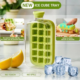 GROTOLY Ice Cube Bottle,Green Cool Summer Ice Bottle Cup,2 in 1 Zero Touch Press Ice Cube Mold Water Bottle with Lid and Bin,Easy Press to Release Vertical Ice Cube Tray with Lid for Freezer 800ml