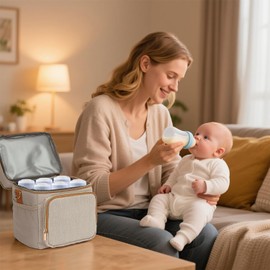 Double Layer Breastmilk Cooler Bag with Ice Pack Insulated Travel Bag for Bottle Breast Milk Storage & Feeding Fits 6 Bottles Up to 9 Ounces Portable Leakproof Bottle Bag for Travel Daycare Beige