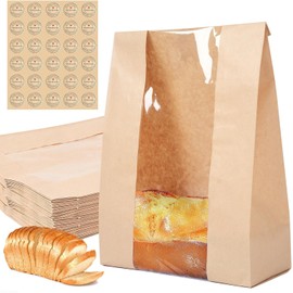 30 pack bread paper bags with window, including 30 homemade bread storage label seal stickers (13.7x8.3x3.5 inches)