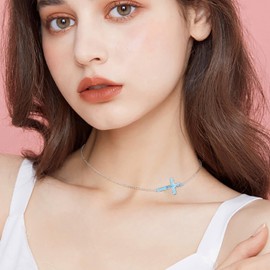 DAOCHONG S925 Sterling Silver Jewelry Sideways Cross Created Turquoise Choker Necklace 14 inches to 18 inches