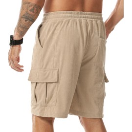 Surenow Mens Cargo Corduroy Shorts Running Breathable Summer Beach Shorts Elastic Waistband Drawstring Casual Shorts Khaki
