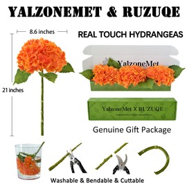 YalzoneMet 3 Pcs Real Touch Orange Hydrangea Artificial Flowers,21'' Lifelike Faux Latex Hydrangea, Fake Flower for Home Fall Decoration Table Centerpiece