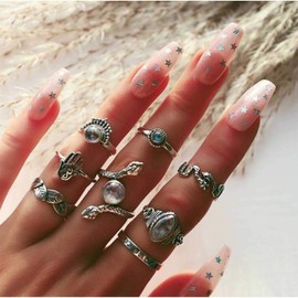 TseenYi Boho Silver Rings Set Punk Snake Midi Joint Knuckle Rings Vintage Carved Finger Rings Chic Hand Accessories Jewelry for Women and Girls (Style B)