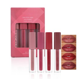 BEUKING 4Pcs Lip Glaze Set, Waterproof Non-Stick Cup Lipstick, Matte Smooth Air Velvet Mist Texture, Kissproof Transer-Resistant Silky Mist Texture for Lipstick Makeup (02# Fashion Red, 0.14 OZ)