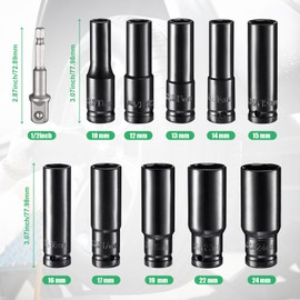 HOMDAT Drive Socket Sets, 1/2-Inch Drive Deep Impact Socket Set，Electric Wrench Socket Head Set, 6-Point Extended Electric 10-24m + 2 Extension Rods, 12-Piece