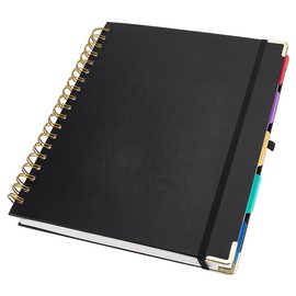 WADORN Hardcover Spiral Notebook Journal with Removable Dividers Tabs, 300Pages 8.5x10Inch Black Subject Notebook College Ruled Spiral Large Lined B5 Leather Notebooks for Women Men Work School, Black