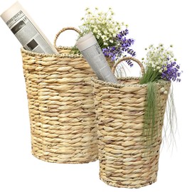 Woven Hanging Basket Water Hyacinth (Set of 2) Wicker Door Hanging Basket Woven Decorative Front Door Baskets Wall Decor Flowers Plants Handwoven Flower Baksets for Home Garden