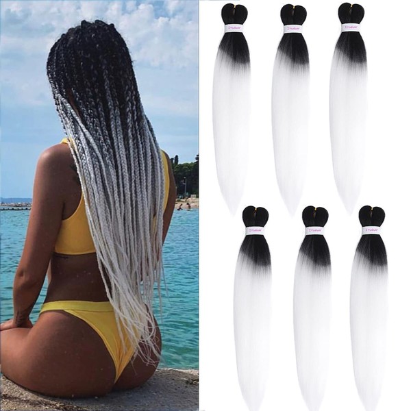 6Pack Prestretched Braiding Hair Ombre White Braid Hair Prestretched Easy Braid Hair Extensions 24inch Synthetic Braiding Hair Pre-Stretched Kanekalon Hair for Braiding Black to White Braiding Hair(1bwhite)
