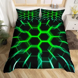 Honeycomb Single Bedding Sets for Boys Kids Black Green Hexagon Geometrical Duvet Cover,3D Geometric Beehive Print Hexagonal Comforter Cover Neon Lights Glowing Bed Set Ultra Soft Room Decor…
