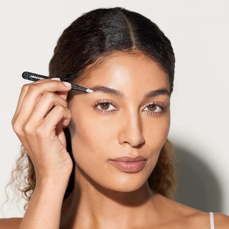 TWEEZERMAN Tweezers Slant for Eyebrow Plucking, Stainless Steel, Dusted Onyx