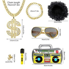 SLshiBo Hip Hop Costume 9 Pieces Costume Gold 80s 90s Rapper Costume Accessory with Dollar Necklace Gold Ring Sunglasses Inflatable Boombox Men's Wig etc. for Carnival Fancy Dress Theme Party