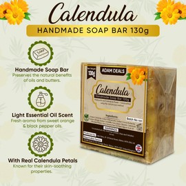 ADAM DEALS Calendula Handmade Soap Bar 130g • Cold Process Natural Soap • Vegan • With Real Calendula Flower Petals • Mild Scent from Essential Oils • Biodegradable Packaging • UK Made