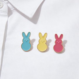 Easter Bunny Enamel Pins, Colorful Peeps Rabbit Brooch Set, Blue Yellow Pink with Gold Trim, 3 Pack Holiday Decoration Gift