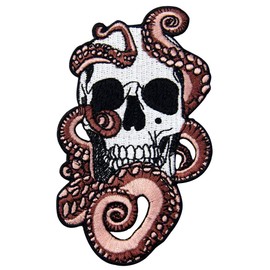 Octopus and Skull Embroidered Badge Iron on or Sew on Patch