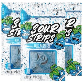 Sour Strips Sour Candy Belts, Blue Raspberry, Resealable Candy Bags, 3.4 Ounce (Pack of 3)