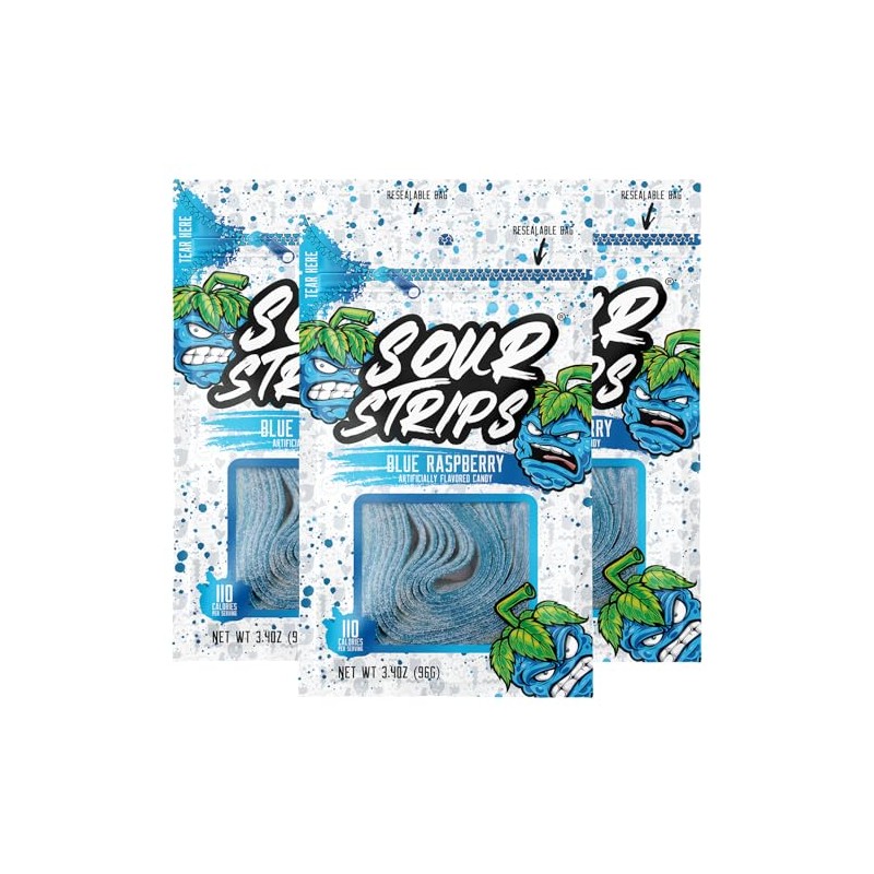 Sour Strips Sour Candy Belts, Blue Raspberry, Resealable Candy Bags,
