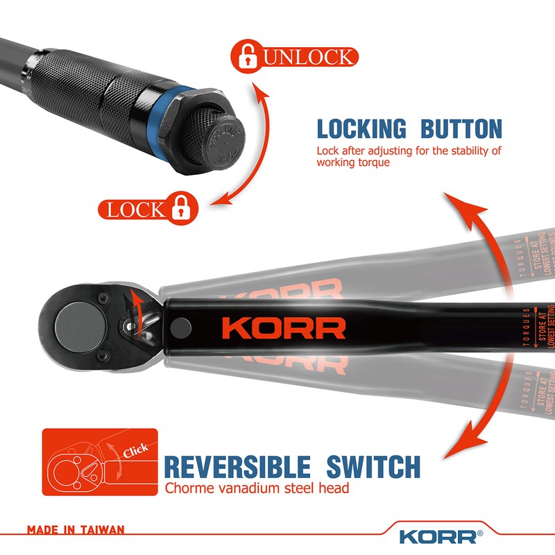 KORR Tools KTW001 1/2-Inch Drive Click Torque Wrench (10-150 ft.-lb.)