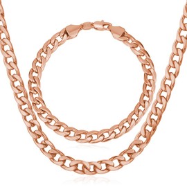 U7 Chain Set Men Hip Hop Jewelry Sexy Rose Gold Plated 7MM Wide Thick Cuban-Curb Necklace Bracelet, 20"/8.3"