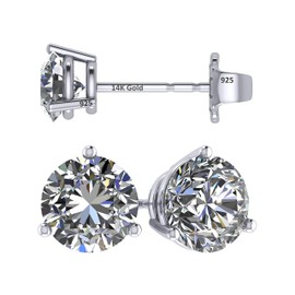Central Diamond Center 14K Gold Post & Sterling Silver Zirconia 3 Prong Martini Stud Earrings - Platinum Plated 7.50mm 3.00cttw