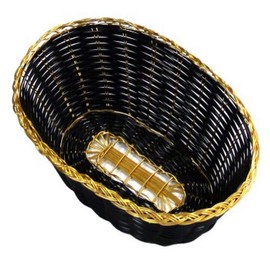 New Star Foodservice 44256 Polypropylene Oval Hand Woven Food Basket (Set of 12), 9" x 6.25 x 2.25", Black with Golden Trim