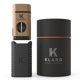 KLARO Triple Torch Lighter and V-Cut Cutter – Spring-Loaded V-Cut, with Cigar Rest Lid, Gift-Ready with Silicone Sleeve – Coyote Brown Powder-Coated Finish – Cigar Lighter for Men