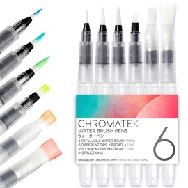 Chromatek AquaPens. Set of 6 Refillable Aqua Watercolor Brushes with Nylon Tips. Easy Water Brush Pens for Painting. Blending & Calligraphy. Includes Online Video Tutorials & Templates