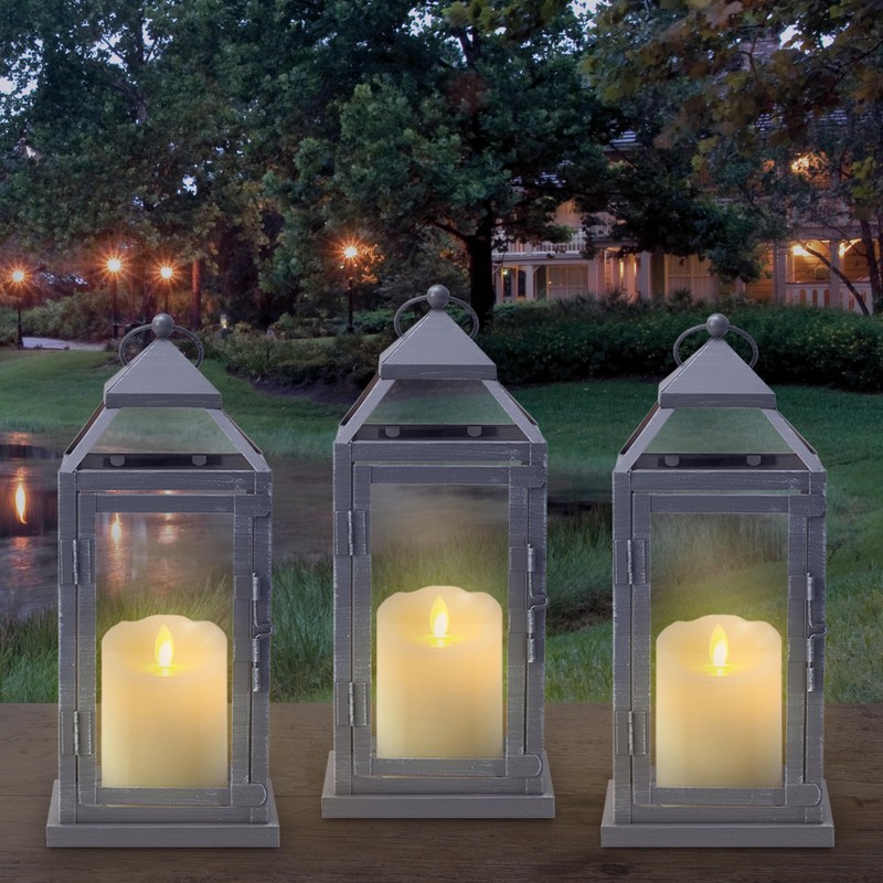 Elements Gray Metal Lanterns Set of 3-12 Inch Decorative Candle