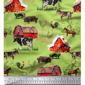 Soimoi Green Cotton Voile Fabric Barn & Pet Animals Farm Print Fabric by The Yard 58 Inch Wide