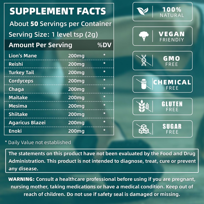 10 Mushrooms Powder, Mushroom Supplement Blend for Coffee, Beverages &