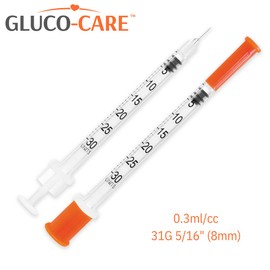 GLUCO-CARE GLUCO-CARE 0.3 ml/cc Syringes 31G x 5/16 (8mm), Orange Cap, Box of 100 pcs