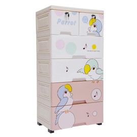 RocoReny 5 Tiers Plastic 6 Drawer Dresser,Closet Drawers Storage Cabinet with Wheels & Lock for Bedroom Living Room Playroom Toys (Parrot-Pink Color 19.7 * 13.8 * 40in)