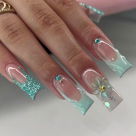 MERVF Long Press on Nails Square Fake Nails Lake Blue Glitter French Tip Glue on Nails 3D Flower Design Squoval Acrylic Nails for Women Glossy 24pcs