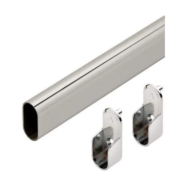 Oval Wardrobe Tube Polished Chrome Closet Rod W/End Supports, Welded Steel, 1.0mm Thick Chrome-Plated (1, 48")
