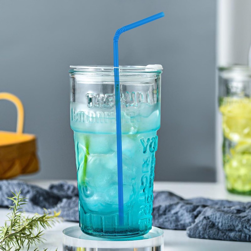 YAOSHENG 200pcs Blue Straw 8.26" x 0.2"Solid Colors Flexible Drinking