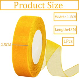 45 m Organza Ribbon, Yellow, 25 mm Wide, Chiffon Gift Ribbon, Transparent Yellow Organza Ribbon, Chiffon Ribbon, Decorative Ribbon, Gift Wrapping, Tulle Ribbon for Christmas, Wedding, Christening,