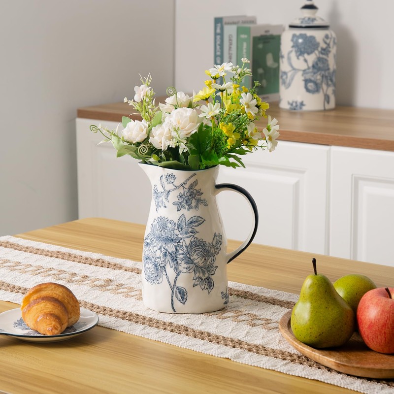 Magclay Ceramic Pitcher Vase, Blue and White Jug for Home