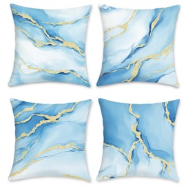 Bonhause Blue Gold Marble Throw Pillow Covers 18 x 18 Inch Modern Abstract Marble Texture Decorative Pillow Cases for Couch Sofa Bed Home Patio Decor Set of 4